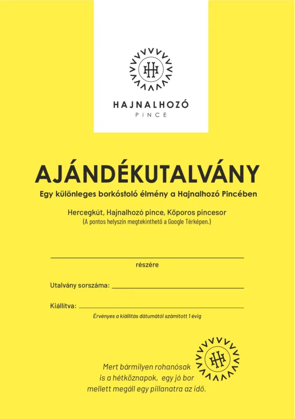 Postázható ajándékutalvány – Hajnalhozó Pince Hajnalhozó Pince postázható ajándékutalvány előlapja